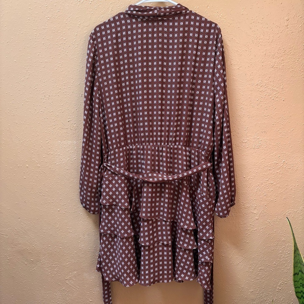 CeCe Brown Geometric Print Long Sleeve Tiered Ruffle Mini Dress XL RN90714 - Picture 4 of 10
